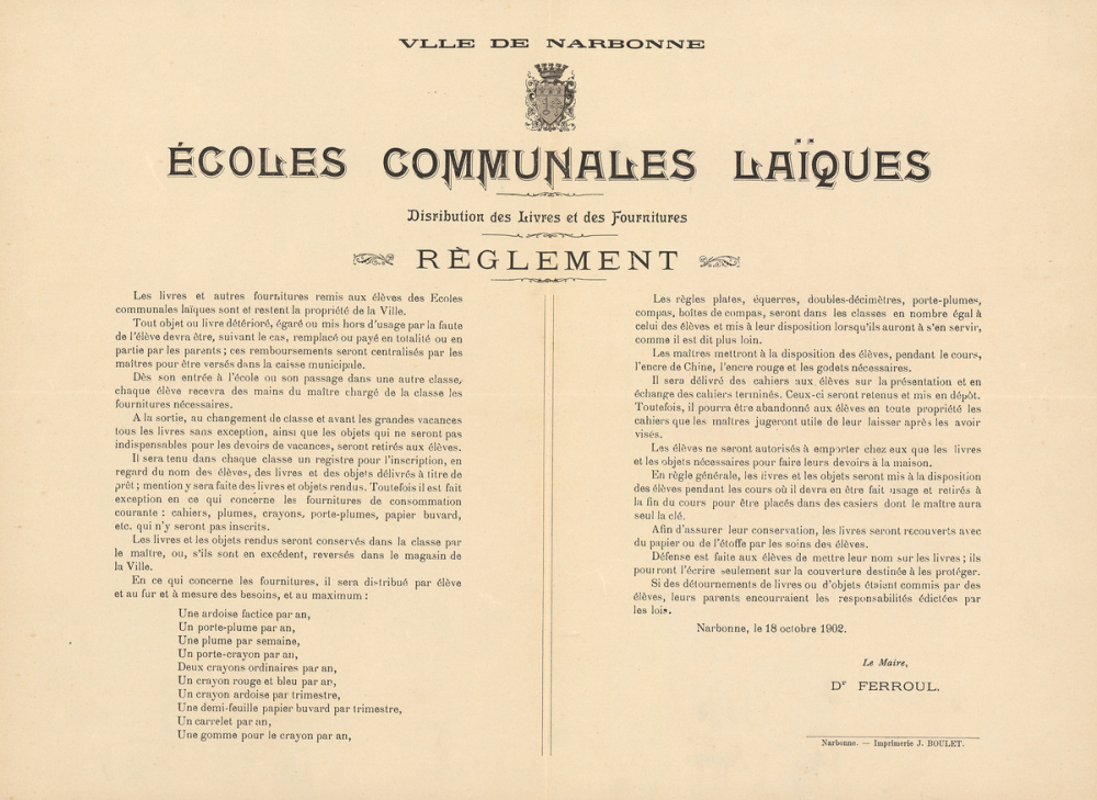 Ville de Narbonne. Écoles communales laïques. Distribution des Livres et des Fournitures. 