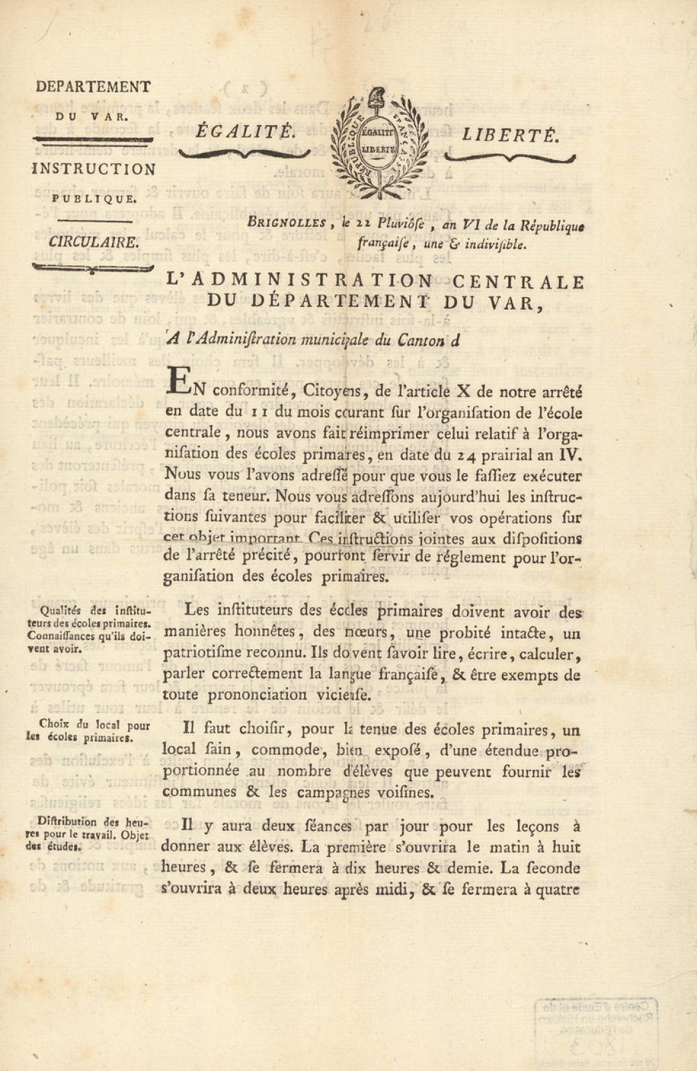 Circulaire relative aux instructions d'organisation des écoles primaires