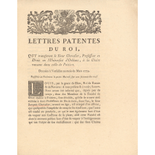 Lettres patentes du Roi, Qui transfèrent le Sieur Chevalier, Professeur en Droit en l'Université d'Orléans, à la Chaire vacante dans celle de Poitiers.