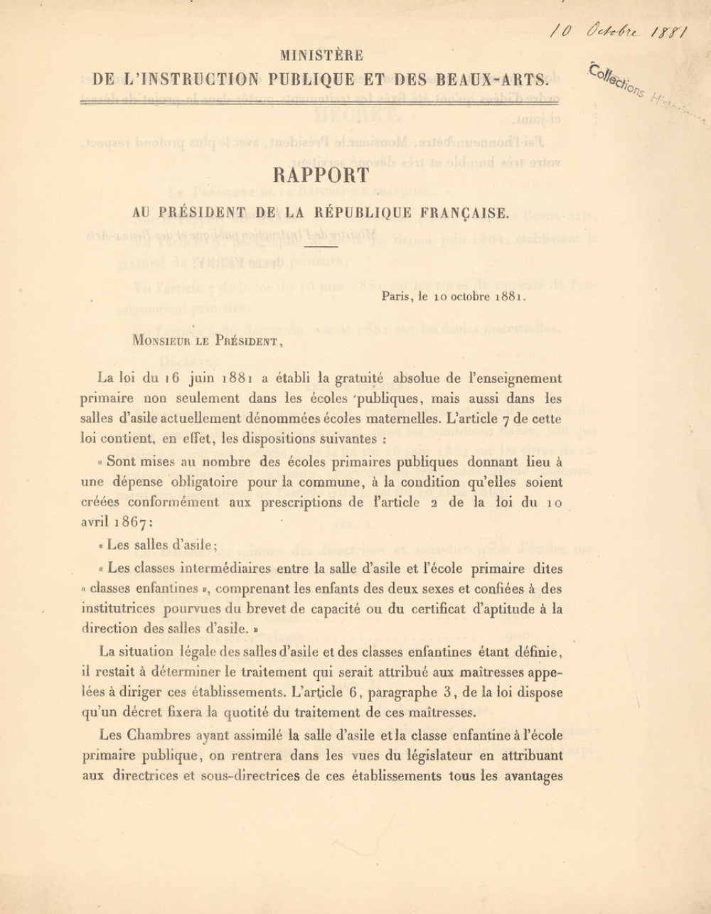 Rapport au Président de la République et décret du 10 octobre 1881.