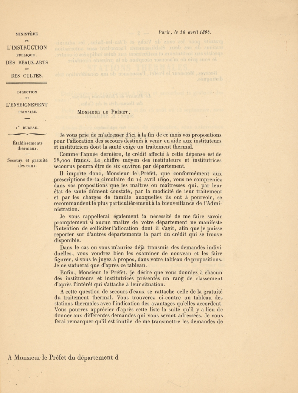 Etablissements thermaux. Secours et gratuité des eaux.