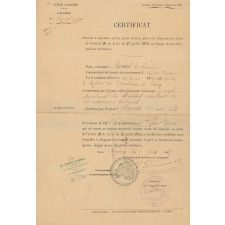 Certificat Destiné à Constater qu'un jeune homme qui a été dispensé en vertu de l'article 20 de la loi du 27 juillet 1872 est dégagé de ses obligations militaires.