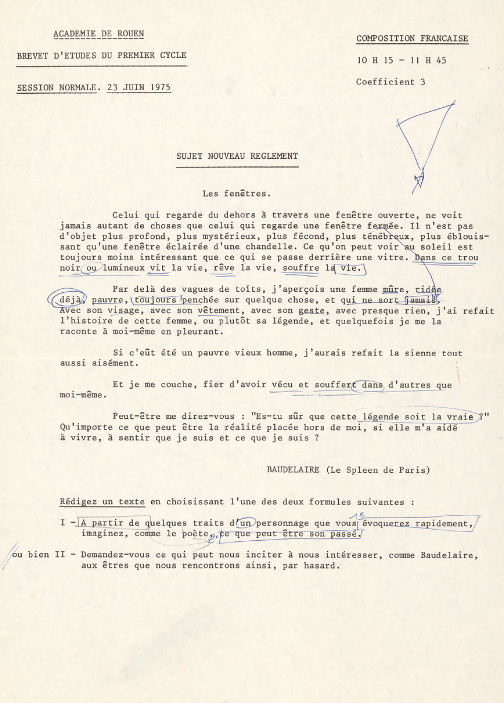 Sujet d'examen. Brevet d'Etudes du Premier Cycle. 