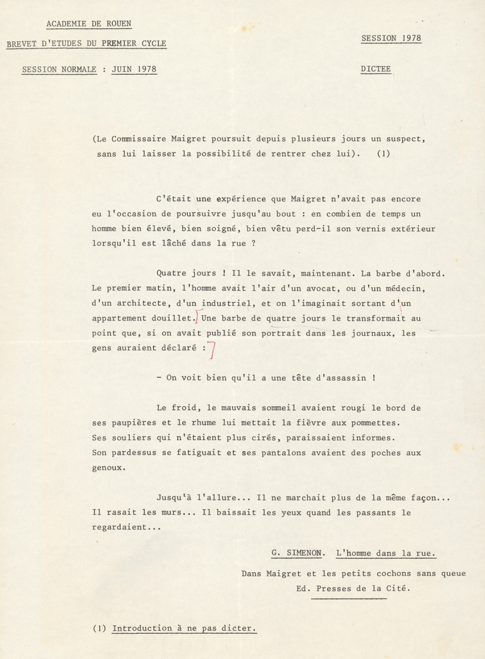 Sujet d'examen. Brevet d'Etudes du Premier Cycle. 