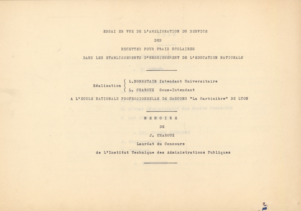 Essai en vue de l'amélioration du service des recettes pour frais scolaires dans les établissements d'enseignement de l'Education nationale.
