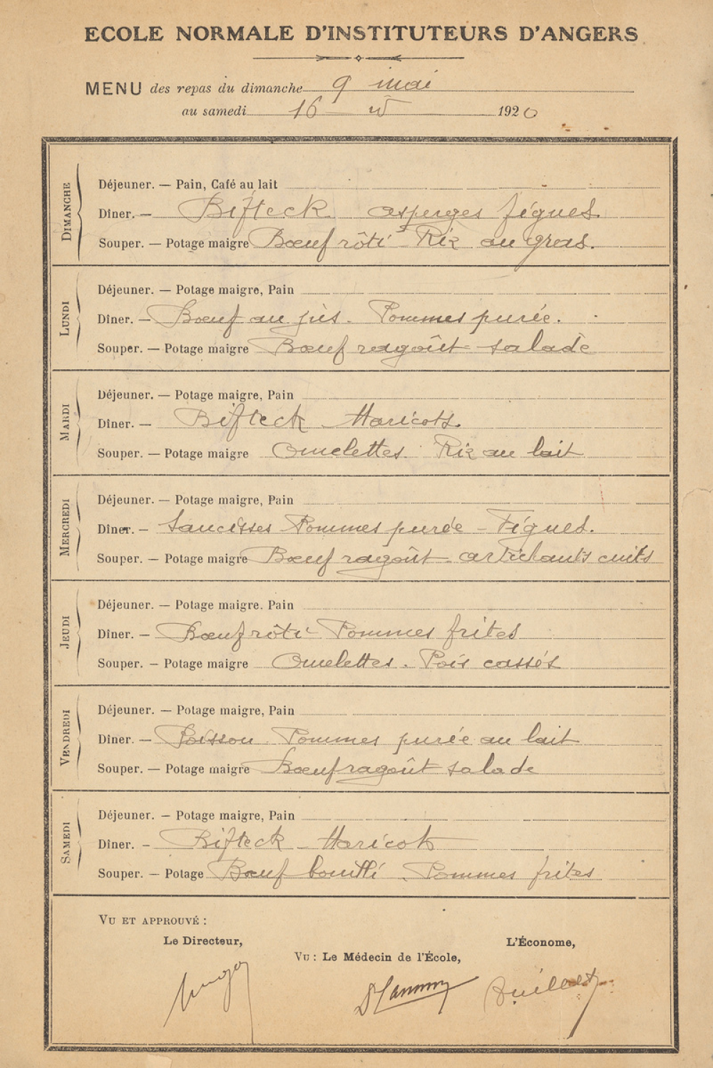 Menus et comptes de cantines. Années 1920 et 1930. 