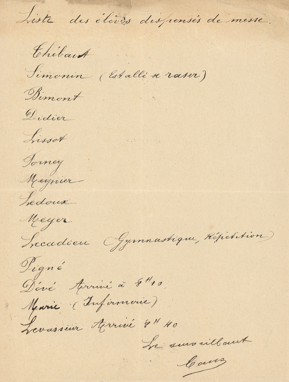 Liste des élèves dispensés de messe