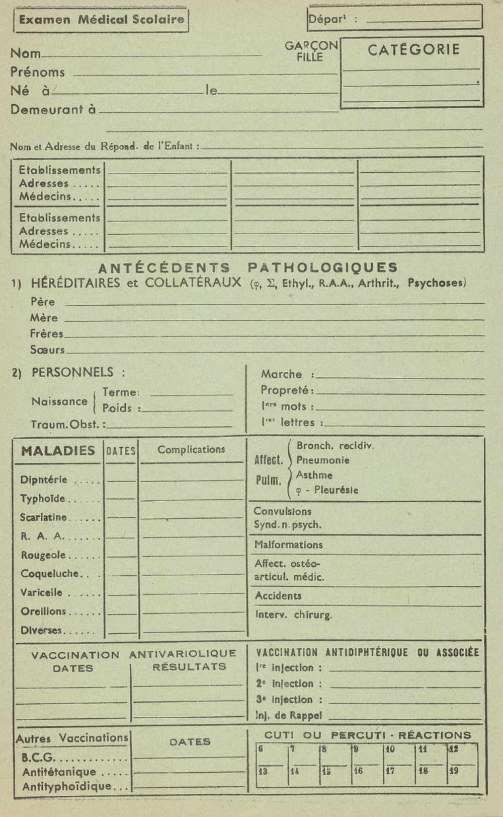 Examen médical scolaire. 3 fiches vierges. 
