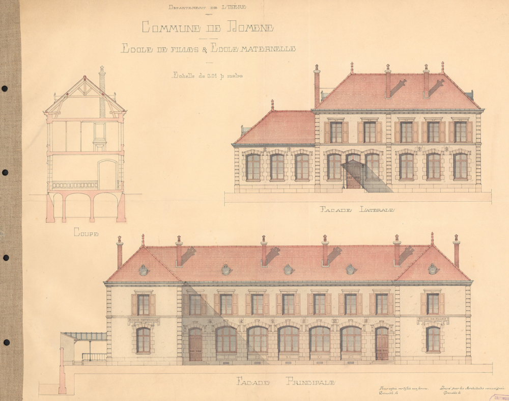 Ecole de filles & Ecole maternelle. Plans d'architecte. Façades. Coupe. 