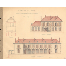 Ecole de filles & Ecole maternelle. Plans d'architecte. Façades. Coupe.