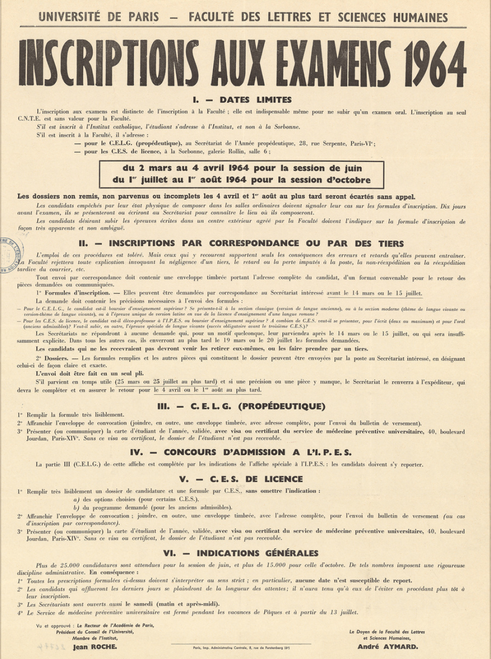 Université de Paris - Faculté des Lettres et Sciences Humaines. Inscriptions aux examens 1964.