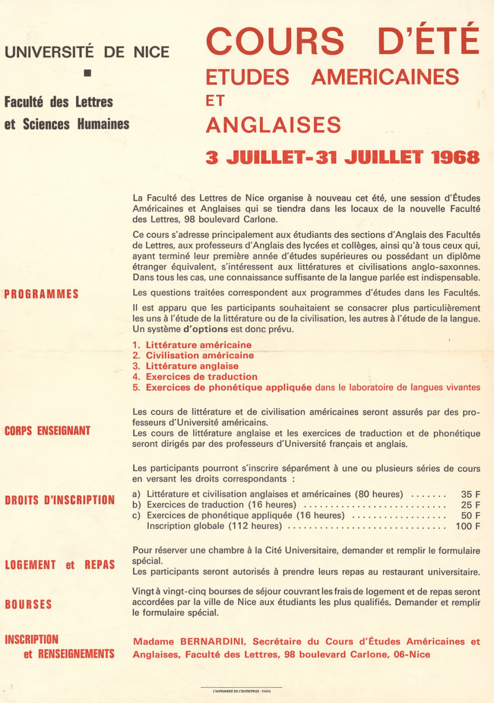 Université de Nice - Faculté des Lettres et Sciences Humaines. Cours d'Eté, Etudes américaines et anglaises, 3juillet-31 juillet 1968.