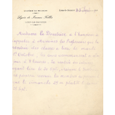 Note manuscrite concernant la rentrée des classes.