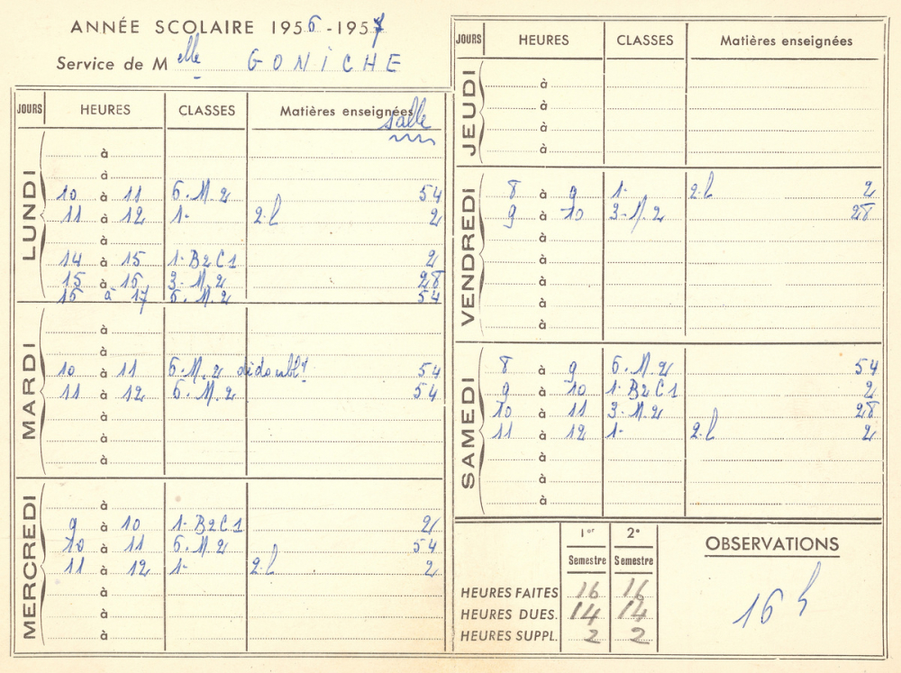 Documentation relative à une enseignante. Emploi du temps année scolaire 1956-1957. 