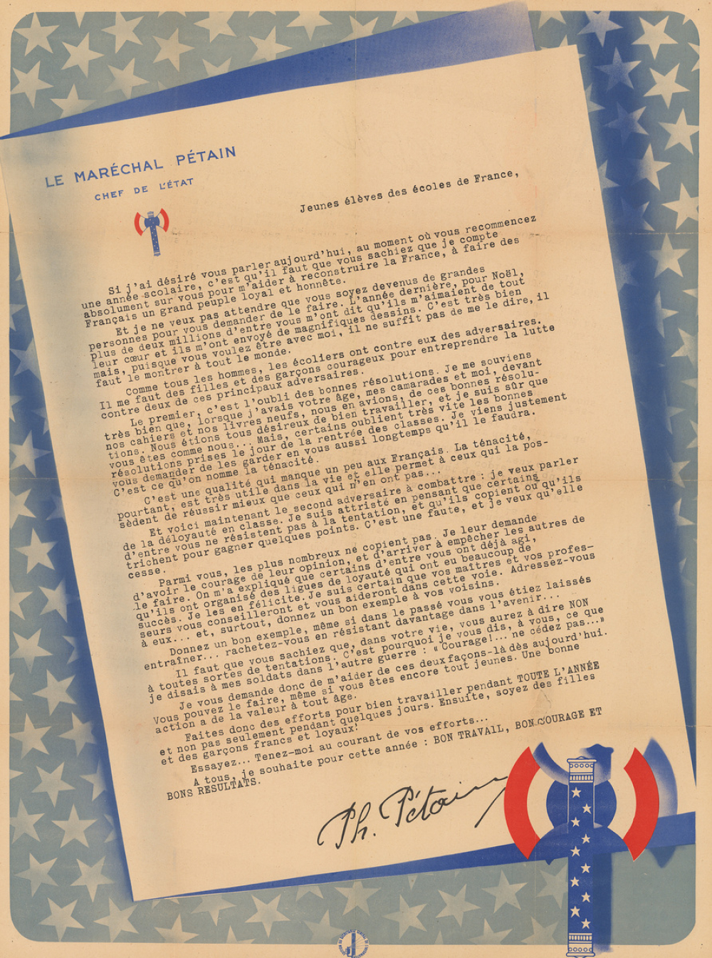 Lettre du Maréchal Pétain adressée aux écoliers de France