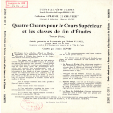 Quatre chants pour le Cours Supérieur et les Classes de Fin d'Etudes. Premier disque