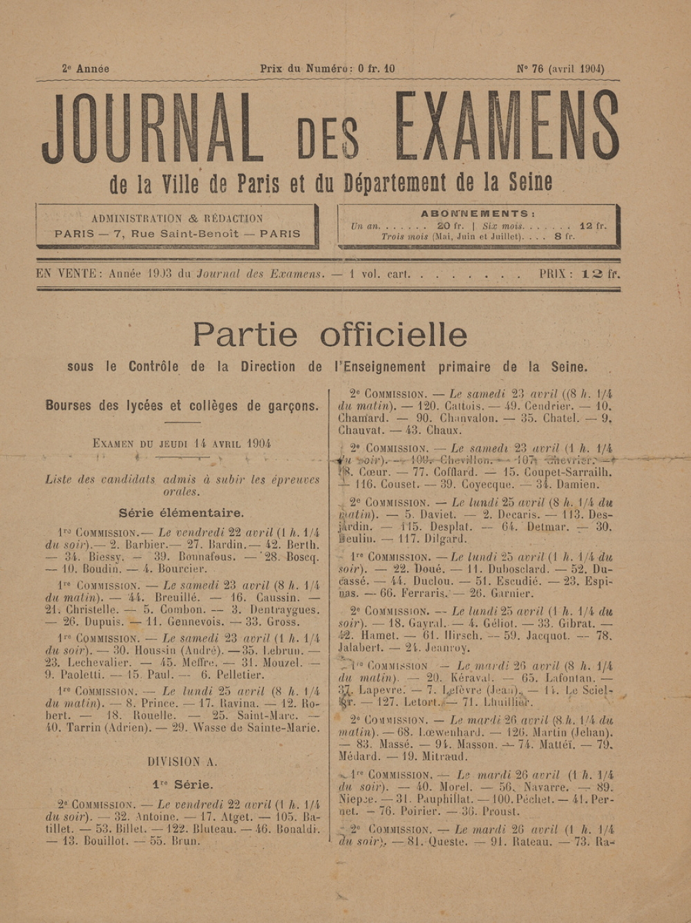 Journal des Examens de la Ville de Paris et du Département de la Seine. 2e année. Avril 1904. Bourses des lycées et collèges de garçons.