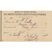 Reçu de paiement à la société de secours mutuels des instituteurs & institutrices publics de la Seine-Inférieure de Mlle Tallon