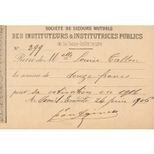 Reçu de paiement à la société de secours mutuels des instituteurs & institutrices publics de la Seine-Inférieure de Mlle Louise Tallon