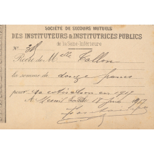 Reçu de paiement à la société de secours mutuels des instituteurs & institutrices publics de la Seine-Inférieure de Mlle Tallon