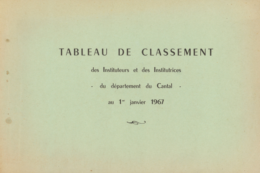 Tableau de classement des Instituteurs et des Institutrices du département du Cantal ai 1er janvier 1967. 