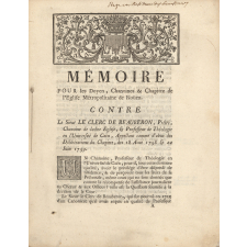 Mémoire Pour les Doyen, Chanoines & Chapitre de l'Eglise Métropolitaine de Rouen. Contre Le Sieur Le Clerc de Beauberon, Prêtre, Chanoine de ladite Eglise; & Professeur de Théologie en l'Université de Caën, Appelant comme d'abus des Délibérations du Chapitre, des 18 Aout 1758 & 22 Juin 1759.