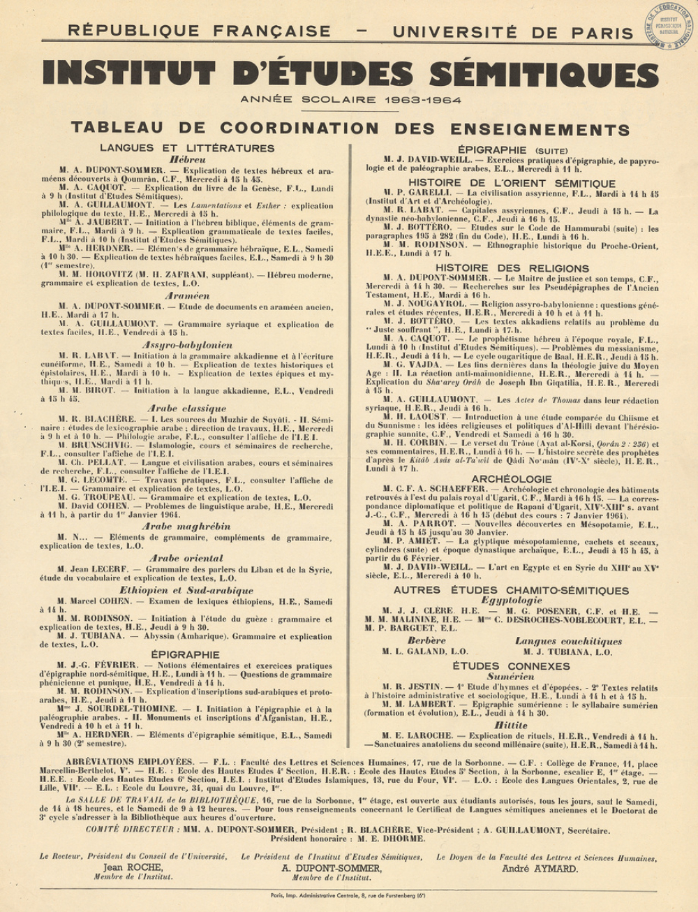 République Française - Université de Paris. Institut d'Etudes Sémitiques. Année scolaire 1963-1964. Tableau de coordination des enseignements.