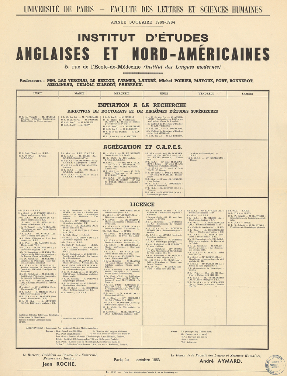 Université de Paris - Faculté des Lettres et Sciences Humaines. Année scolaire 1963-1964. Institut d'Etudes Anglaises et Nord-Américaines.