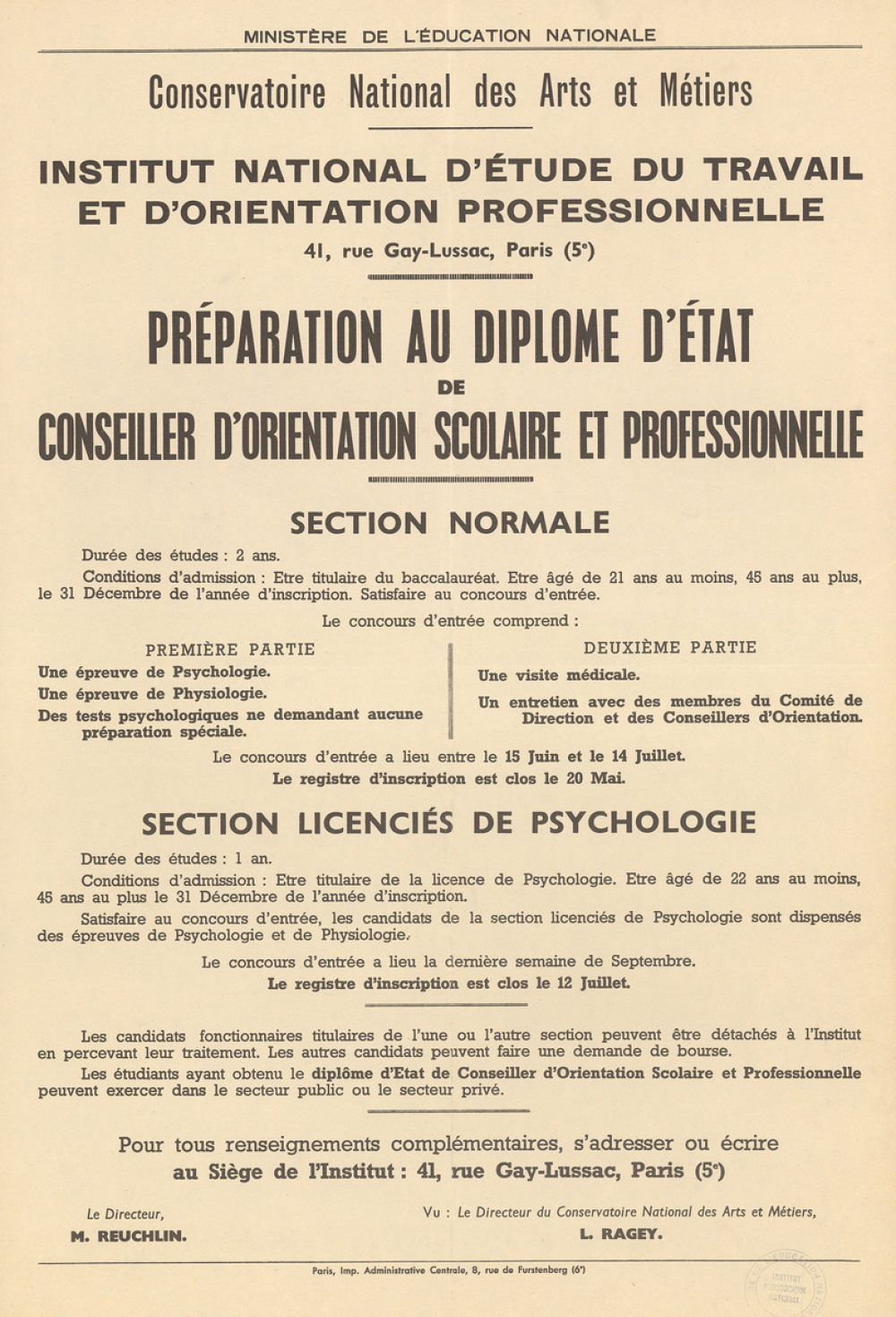 Ministère de l'Education Nationale - Conservatoire National des Arts et Métiers. Institut National d'Etude du Travail et d'Orientation Professionnelle. Préparation au Diplôme d'Etat de Conseiller d'Orientation Scolaire et Professionnelle.