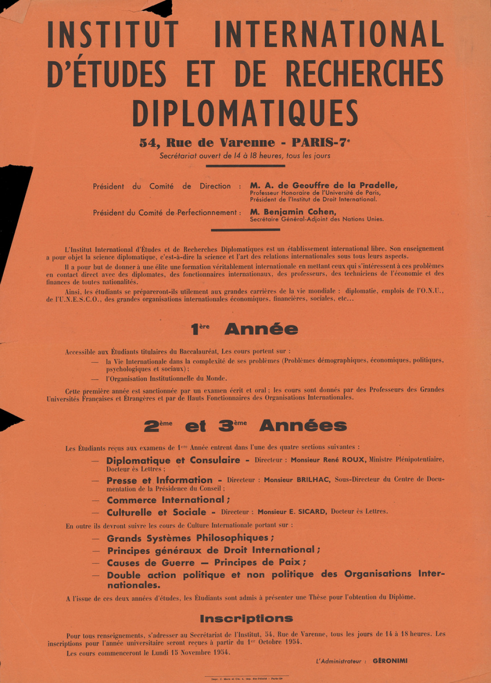 Institut International d'Etudes et de Recherches Diplomatiques, 54, Rue de Varenne-Paris-7e. 1ère année, 2ème et 3ème années.