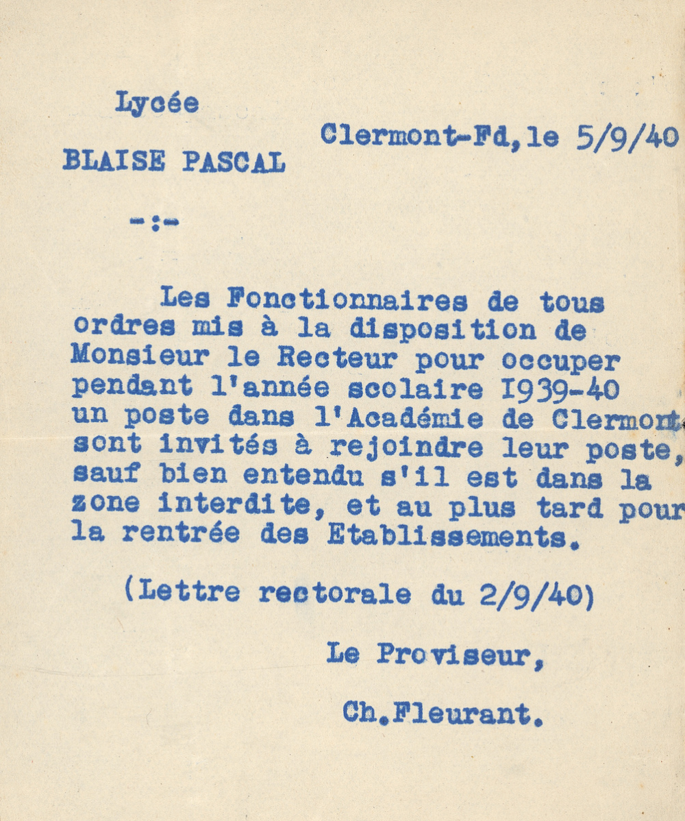 A propos de l'affectation à la rentrée 1940 des enseignants repliés. 