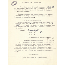 Notation d'une instututrice pour l'année scolaire 1968-69.