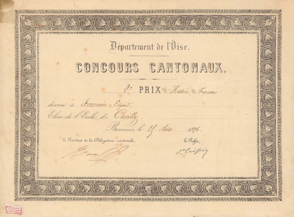 Diplôme de Deuxième Prix d'Histoire de France des Concours cantonaux de l'Oise. 