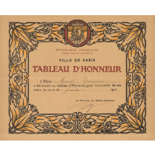 Diplôme d'Inscription au Tableau d'Honneur des Écoles de la ville de Paris. 