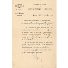 Nomination comme institutrice stagiaire à Cuinchy (Pas-de-Calais).