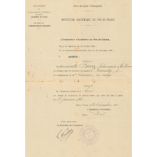 Nomination comme institutrice stagiaire à Cuinchy (Pas-de-Calais).