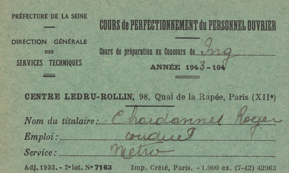 Direction générale des Travaux de Paris. Cours de perfectionnement du personnel ouvrier. 3 cartes d'inscription. 