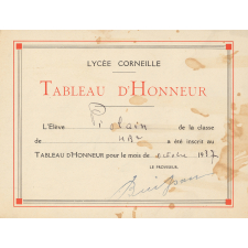 Huit Billets d'Inscription au Tableau d'Honneur du Lycée Corneille de Rouen. 