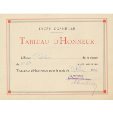 Huit Billets d'Inscription au Tableau d'Honneur du Lycée Corneille de Rouen. 