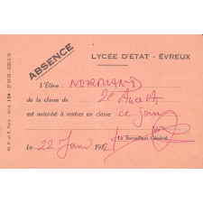 Billets d'autorisation. Lycée d'Etat. Evreux. 1972. 