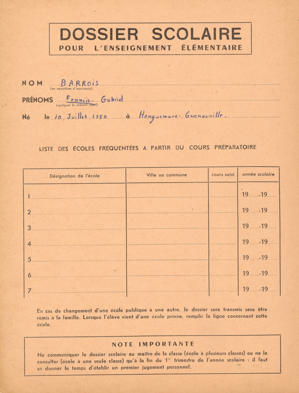 Ecole publique de Honguemare-Guenouville. Dossiers d'élèves. 