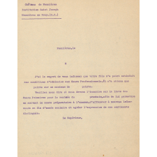 Château de Mesnières. Institution Saint Joseph. Mesnières en Bray (S.I.). Lettre informant les parents de l'échec à l'examen d'entrée. 