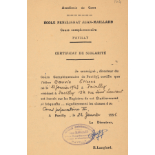 Ecole pensionnat Jean-Maillard. Pavilly. Certificat de scolarité. 