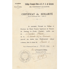 Collège François-Viète et EPS de Garçons de Fontenay-le-Comte. Certificat de scolarité. 