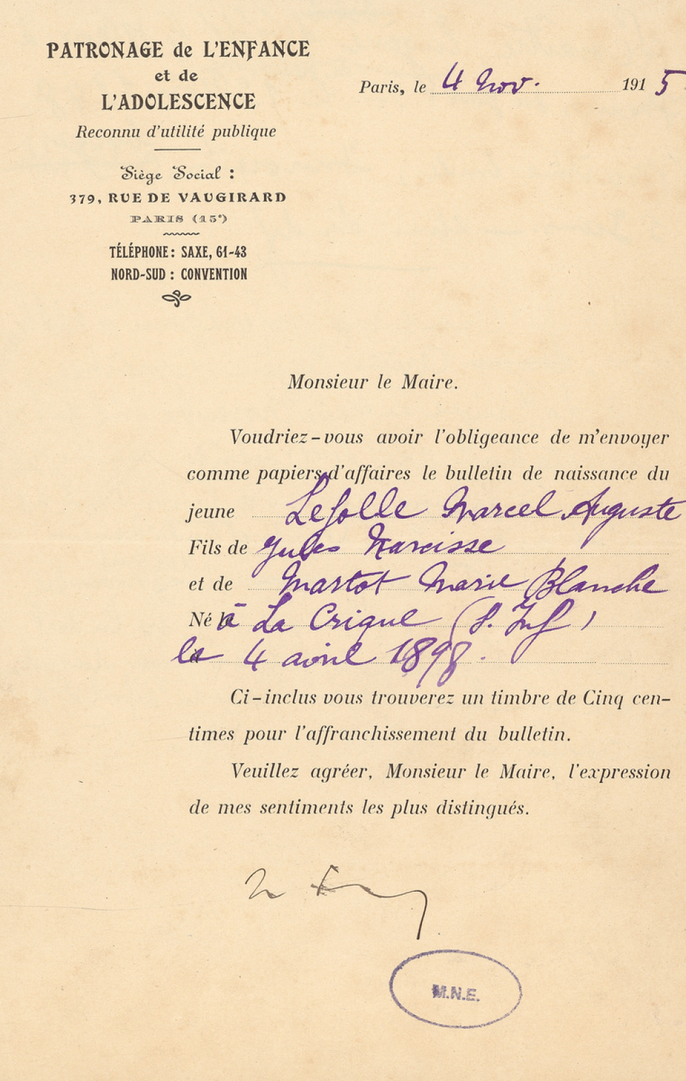 Recensement des élèves de l'école de La Crique à la rentrée 1915. 