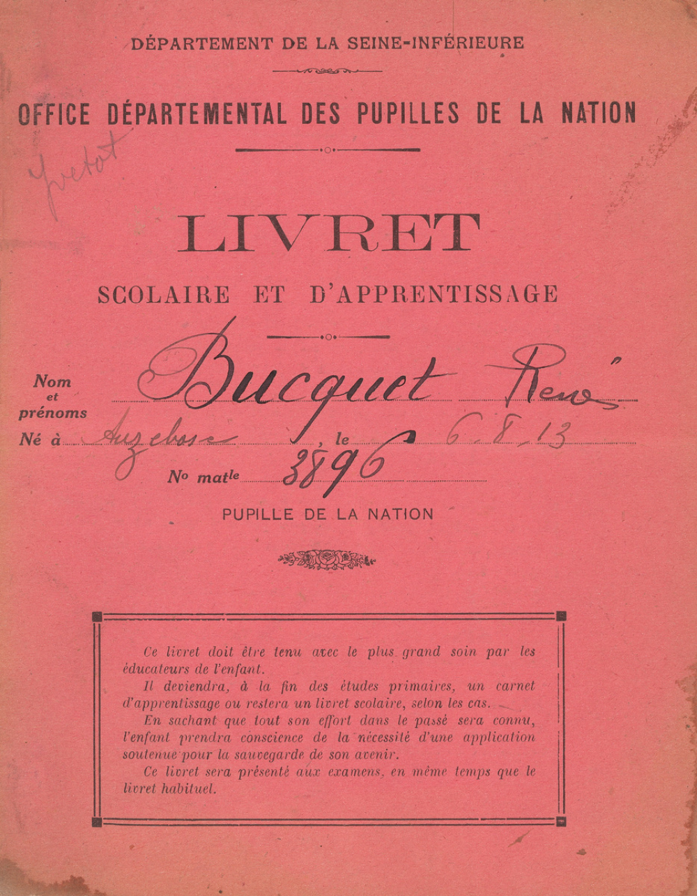 Département de la Seine-Inférieure. Office départemental des Pupilles de la Nation. Livret scolaire et d'apprentissage.