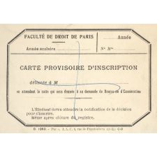 Faculté de droit de Paris. Carte provisoire d'inscription.