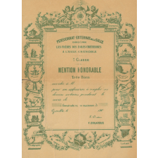 Diplôme de Mention Honorable très Bien du Pensionnat-Externat de La Salle des Frères des Écoles Chrétiennes de Grenoble. 