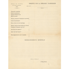 Ecole de travail. Enquête sur la demande d'admission.
