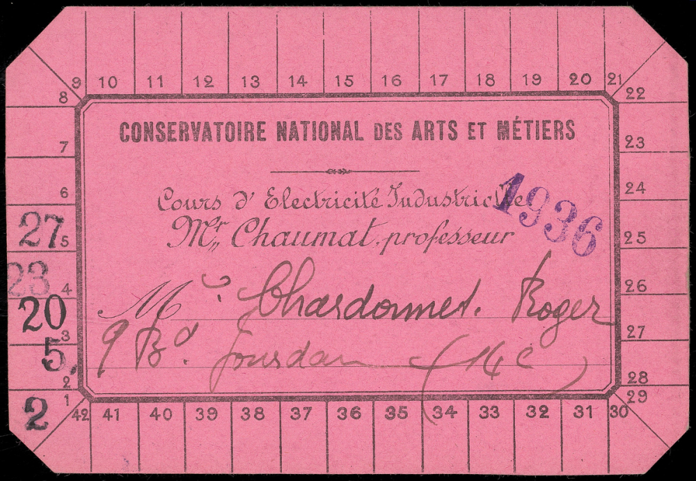 Conservatoire national des Arts et Métiers. 15 cartes d'inscription. 